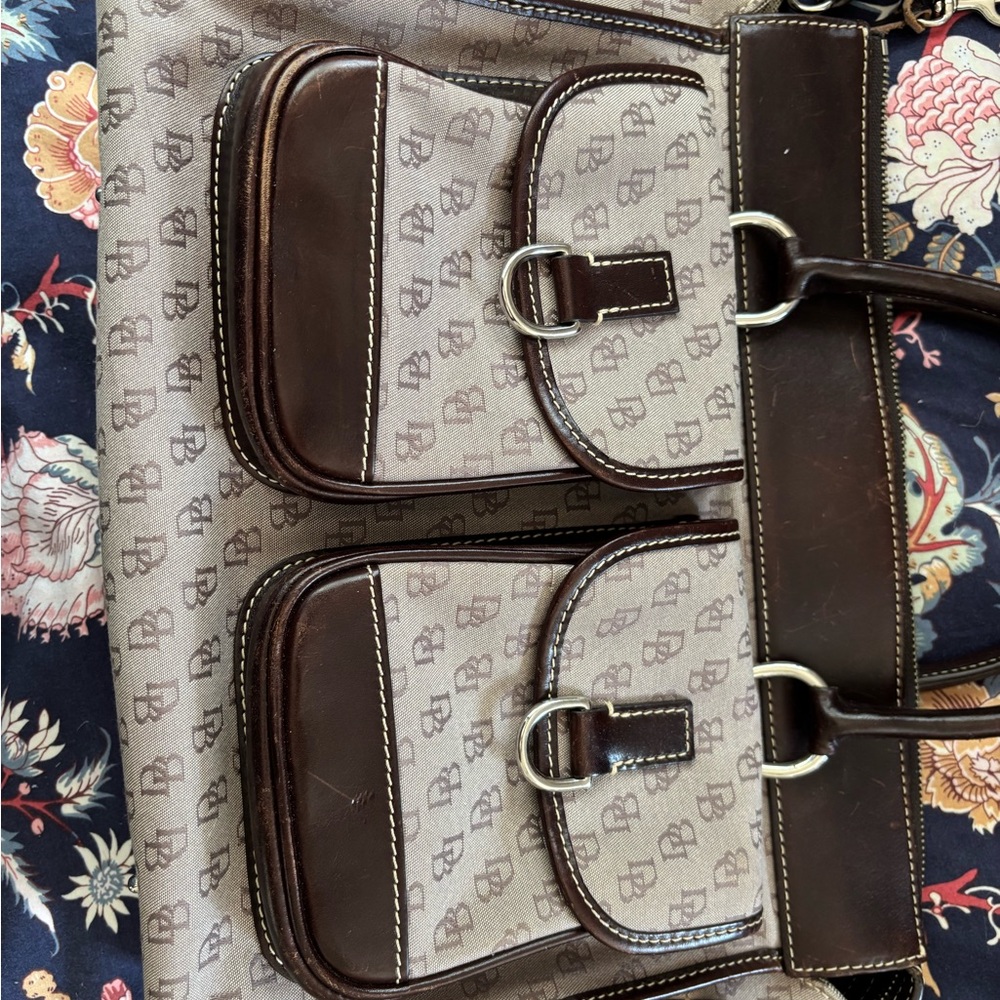Dooney & Bourke Vintage Taupe/grey Monogram Tote Bag with Leather Trim